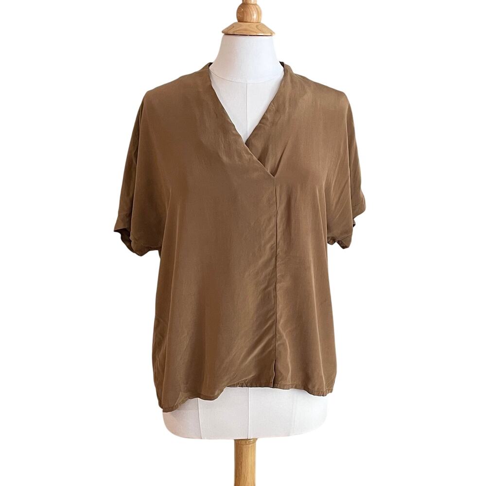 Vintage 90s Tan 100% Silk V-Neck Blouse, Faux Wrap Detail, Minimalist, Size 14
